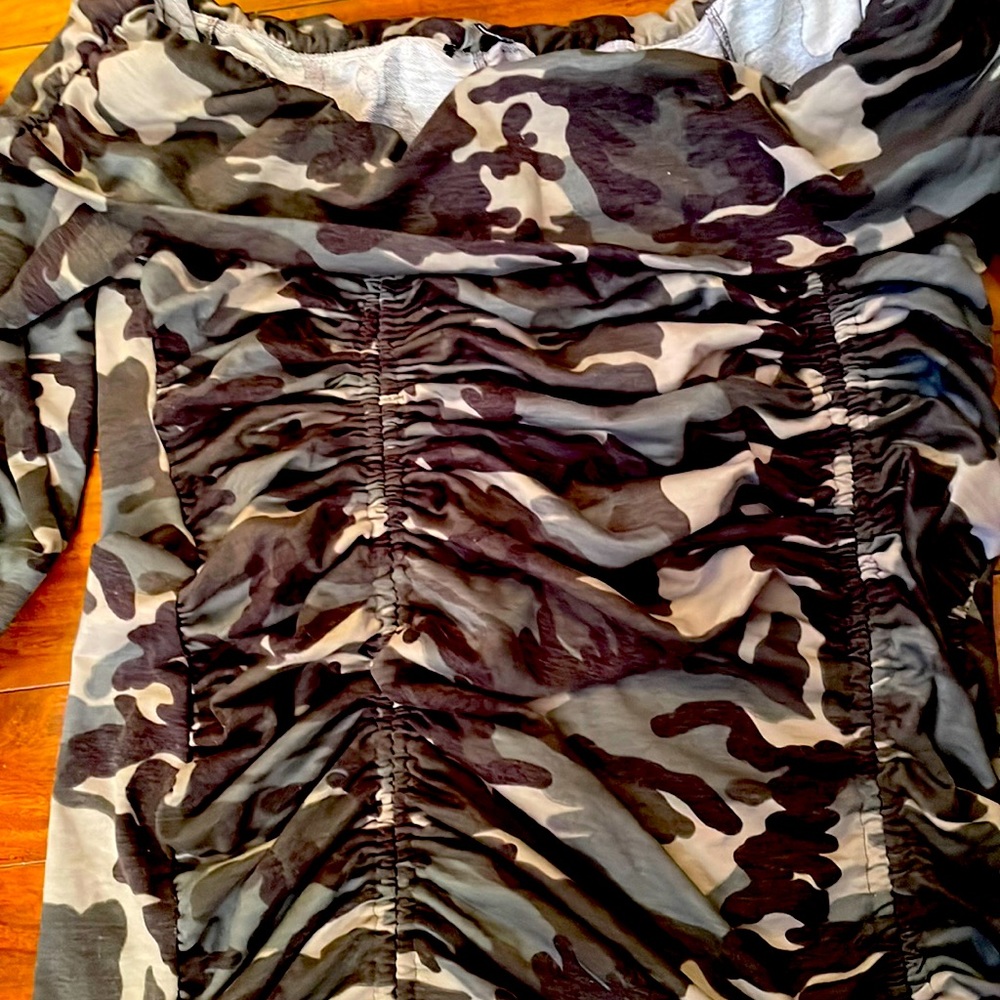 Camouflage off the shoulder dress